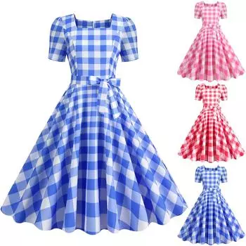 Женское модное повседневное платье с квадратным воротником и коротким рукавом в клетку с принтом на талии XXL красный