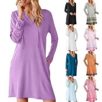 Женское модное повседневное платье с однотонным принтом, V-образным вырезом, длинными рукавами, капюшоном и разрезом по низу L армия зеленый