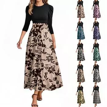 Женское модное повседневное платье с поясом и круглым вырезом, цветочной вышивкой, элегантное, темпераментное, с рукавами три четверти XXL