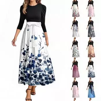 Женское модное повседневное платье с поясом и круглым вырезом, цветочной вышивкой, элегантное, темпераментное, с рукавами три четверти S