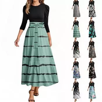 Женское модное повседневное платье с поясом и круглым вырезом, цветочной вышивкой, элегантное, темпераментное, с рукавами три четверти XXL