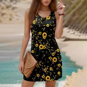 Женское модное повседневное платье с принтом, круглым вырезом и без рукавов XL жёлтый