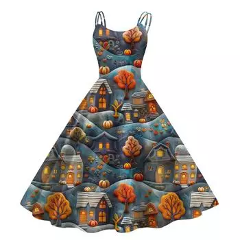 Женское модное повседневное платье с принтом на Хэллоуин, сексуальное с открытыми плечами, в стиле панк, ретро M синий