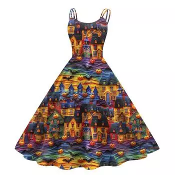 Женское модное повседневное платье с принтом на Хэллоуин, сексуальное с открытыми плечами, в стиле панк, ретро XL шафрановый