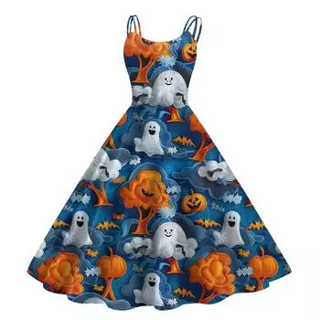 Женское модное повседневное платье с принтом на Хэллоуин, сексуальное с открытыми плечами, в стиле панк, ретро S синий