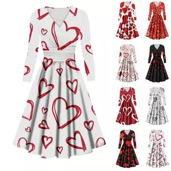 Женское модное повседневное платье с принтом ко Дню святого Валентина, длинными рукавами и V-образным вырезом, сексуальное платье L горячий розовый