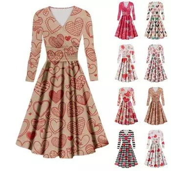 Женское модное повседневное платье с принтом ко Дню святого Валентина, длинными рукавами и V-образным вырезом, сексуальное платье L горячий розовый