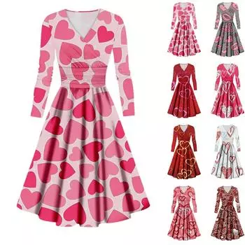 Женское модное повседневное платье с принтом ко Дню святого Валентина, длинными рукавами и V-образным вырезом, сексуальное платье L горячий розовый