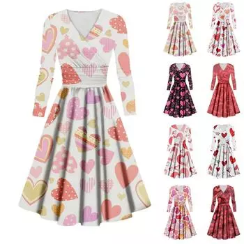 Женское модное повседневное платье с принтом ко Дню святого Валентина, длинными рукавами и V-образным вырезом, сексуальное платье L горячий розовый