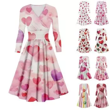 Женское модное повседневное платье с принтом ко Дню святого Валентина, длинными рукавами и V-образным вырезом, сексуальное платье L