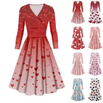 Женское модное повседневное платье с принтом ко Дню святого Валентина, длинными рукавами и V-образным вырезом, сексуальное платье L темно-синий