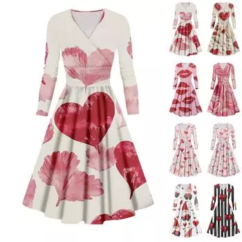 Женское модное повседневное платье с принтом ко Дню святого Валентина, длинными рукавами и V-образным вырезом, сексуальное платье L чёрный