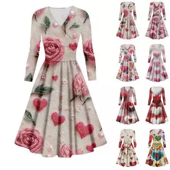 Женское модное повседневное платье с принтом ко Дню святого Валентина, длинными рукавами и V-образным вырезом, сексуальное платье L горячий розовый