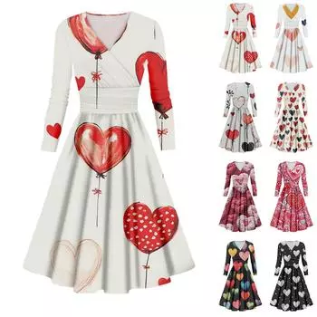 Женское модное повседневное платье с принтом ко Дню святого Валентина, длинными рукавами и V-образным вырезом, сексуальное платье XXXXL белый