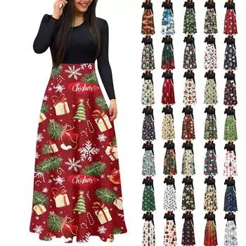 Женское модное повседневное платье с рождественским принтом, круглым вырезом и длинными рукавами S