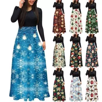 Женское модное повседневное платье с рождественским принтом, круглым вырезом и длинными рукавами M синий