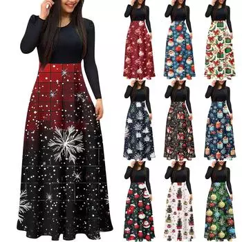 Женское модное повседневное платье с рождественским принтом, круглым вырезом и длинными рукавами M