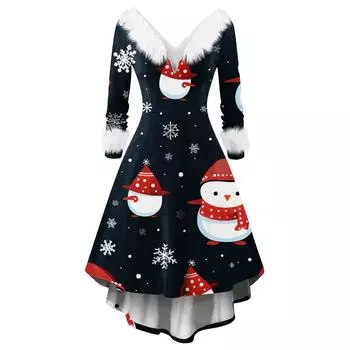 Женское модное повседневное платье с v-образным вырезом и рождественским принтом для вечеринки с длинными рукавами L