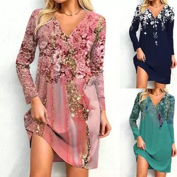 Женское модное повседневное платье с v-образным вырезом и длинными рукавами, женское свободное платье с цветочным принтом, женская одежда S темно-синий