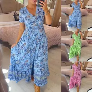 Женское модное повседневное платье с v-образным вырезом и принтом, туника с рюшами на талии и короткими рукавами, богемное платье, пляжное платье L синий