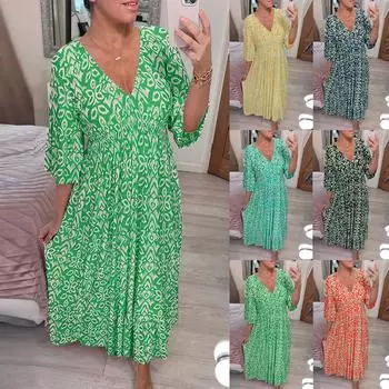 Женское модное повседневное платье с v-образным вырезом и принтом, туника на талии с рюшами и рукавами 3/4, платье трапециевидной формы XL зелёный