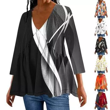 Женское модное повседневное платье с v-образным вырезом и семью рукавами с принтом, футболка, топ XXXL