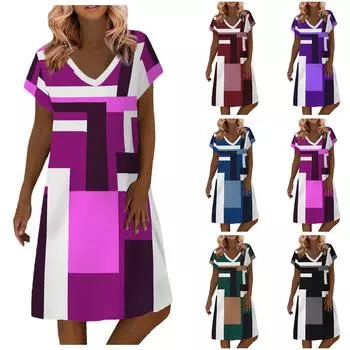 Женское модное повседневное платье с v-образным вырезом и коротким рукавом с нерегулярным геометрическим принтом XXL красный