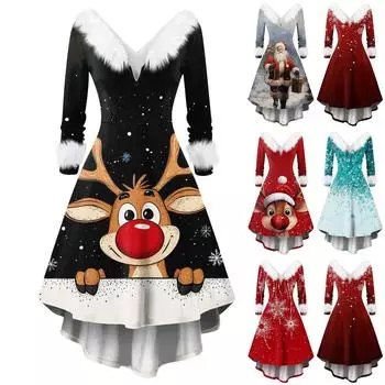 Женское модное повседневное платье с v-образным вырезом и рождественским принтом для вечеринки с длинными рукавами M циан