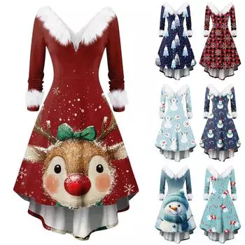Женское модное повседневное платье с v-образным вырезом и рождественским принтом для вечеринки с длинными рукавами XXL циан