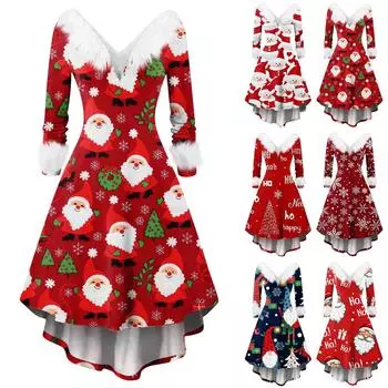 Женское модное повседневное платье с v-образным вырезом и рождественским принтом для вечеринки с длинными рукавами M красный