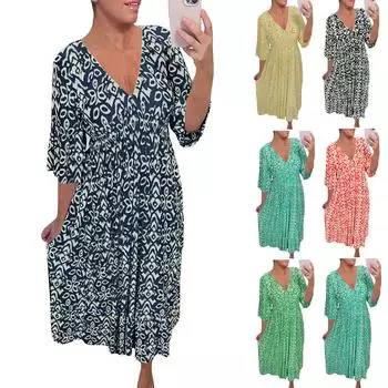 Женское модное повседневное платье с v-образным вырезом и принтом, туника на талии с рюшами и рукавами 3/4, платье трапециевидной формы L зелёный