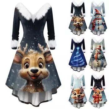 Женское модное повседневное платье с v-образным вырезом и рождественским принтом для вечеринки с длинными рукавами XL