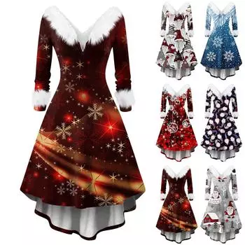 Женское модное повседневное платье с v-образным вырезом и рождественским принтом для вечеринки с длинными рукавами XXXL фиолетовый