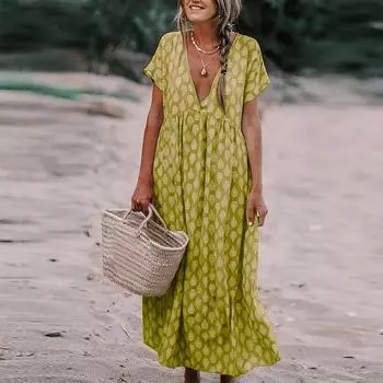 Женское модное повседневное платье с v-образным вырезом и короткими рукавами с принтом и большой свободной талией S жёлтый