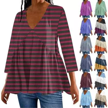 Женское модное повседневное платье с v-образным вырезом и семью рукавами с принтом, футболка, топ L синий