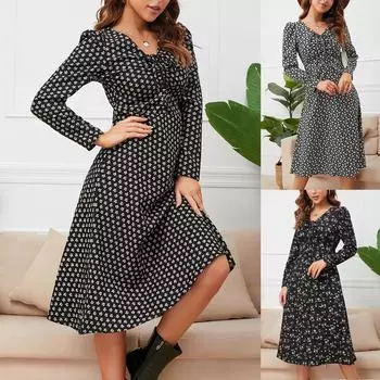 Женское модное повседневное платье с v-образным вырезом и цветочным принтом, платье с длинными рукавами и шнуровкой на талии L чёрный