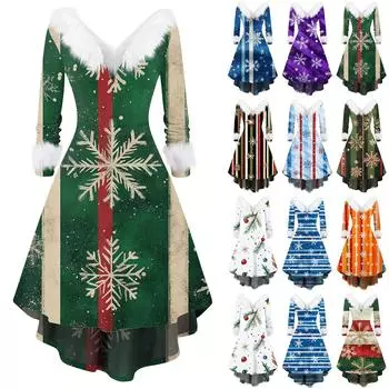 Женское модное повседневное платье с v-образным вырезом и рождественским принтом для вечеринки с длинными рукавами XXXXL