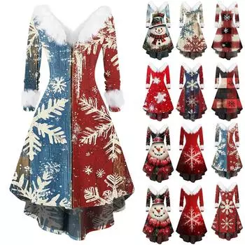 Женское модное повседневное платье с v-образным вырезом и рождественским принтом для вечеринки с длинными рукавами L винный