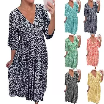 Женское модное повседневное платье с v-образным вырезом и принтом, туника на талии с рюшами и рукавами 3/4, платье трапециевидной формы L зелёный