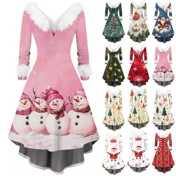 Женское модное повседневное платье с v-образным вырезом и рождественским принтом для вечеринки с длинными рукавами S зелёный