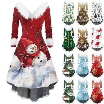 Женское модное повседневное платье с v-образным вырезом и рождественским принтом для вечеринки с длинными рукавами M жёлтый