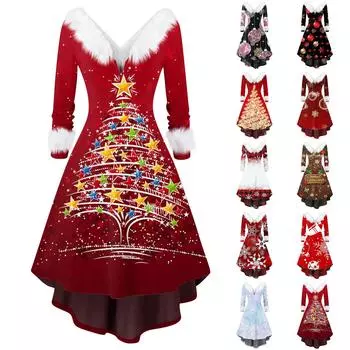 Женское модное повседневное платье с v-образным вырезом и рождественским принтом для вечеринки с длинными рукавами XXXL