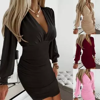 Женское модное повседневное платье с V-образным вырезом и длинным рукавом, женские сексуальные юбки, осенне-зимние юбки для ночного клуба, утягивающее платье S чёрный