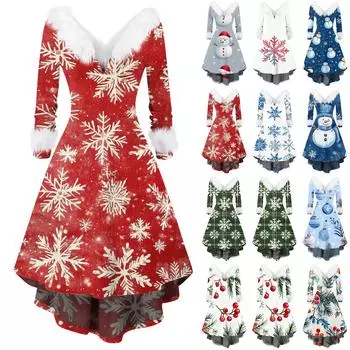 Женское модное повседневное платье с v-образным вырезом и рождественским принтом для вечеринки с длинными рукавами L
