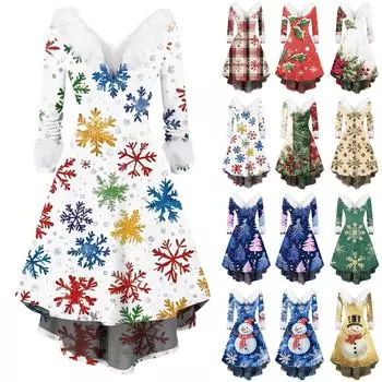 Женское модное повседневное платье с v-образным вырезом и рождественским принтом для вечеринки с длинными рукавами XXXXL красный