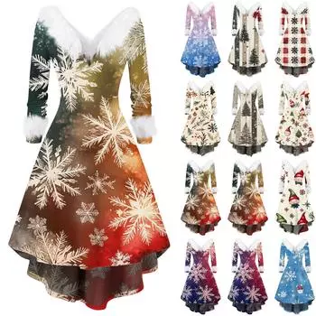 Женское модное повседневное платье с v-образным вырезом и рождественским принтом для вечеринки с длинными рукавами XXL