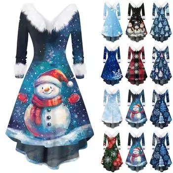Женское модное повседневное платье с v-образным вырезом и рождественским принтом для вечеринки с длинными рукавами M чёрный