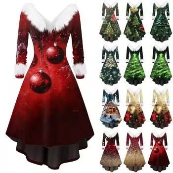 Женское модное повседневное платье с v-образным вырезом и рождественским принтом для вечеринки с длинными рукавами XXXXL