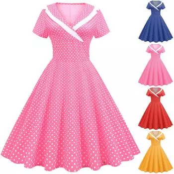 Женское модное повседневное платье с V-образным вырезом и коротким рукавом в горошек с принтом облегающее ретро-платье S розовый