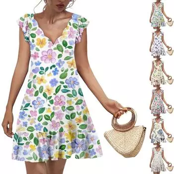 Женское модное повседневное платье с V-образным вырезом и волнистым краем с цветочным принтом и коротким рукавом XL белый